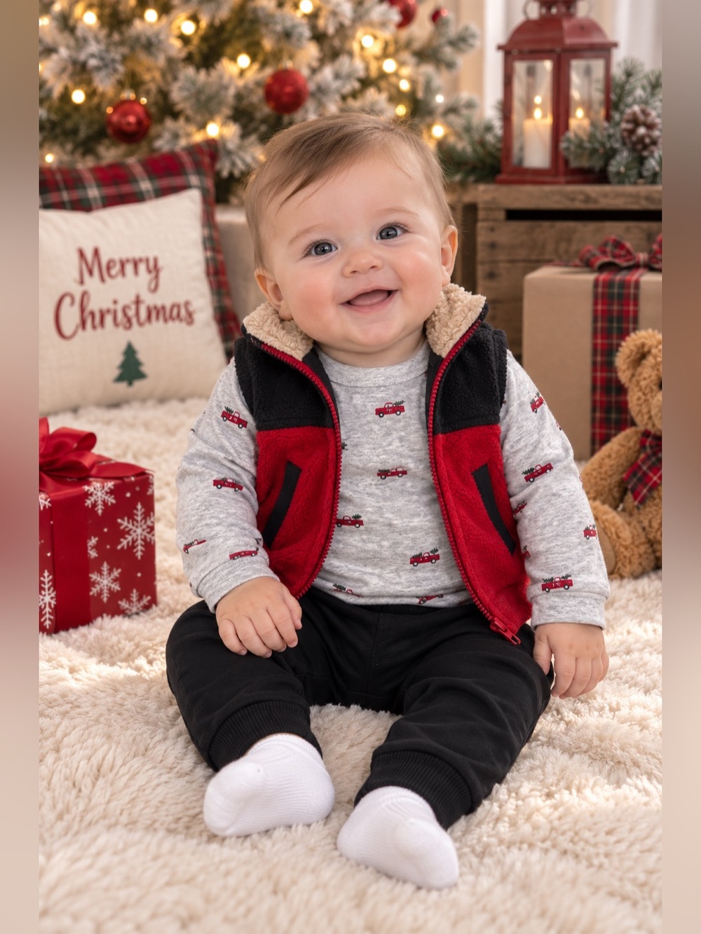 Carter’s Boys 6mo Truck Long Sleeve Bodysuit Pants And Vest 3Pc Set Christmas